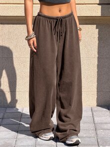 Muchica Chocolate Brown Washed Solid Color Twist Casual Wide Leg Pants - Chocolate Brown - View 1