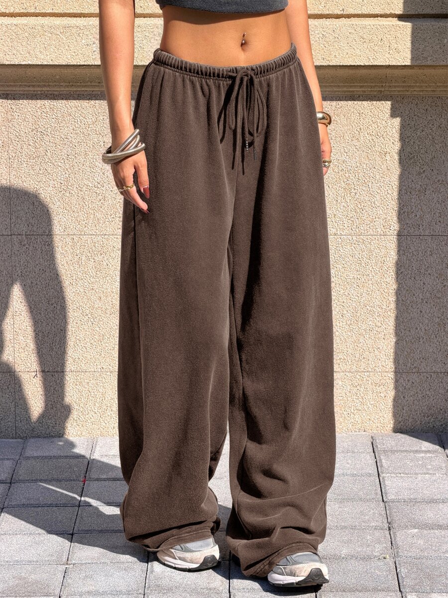 Muchica Chocolate Brown Washed Solid Color Twist Casual Wide Leg Pants - Chocolate Brown - View 1