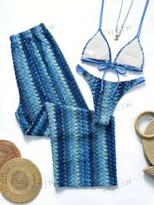SHEIN Swim 天藍色夏季休閒女款比基尼泳衣三件套附褲子，編織波西米亞風度假海灘假期、郵輪島嶼公路旅行泳裝 - 藍色 - 查看 2