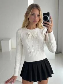 Tween Girl White Cable Bow Decor Long Sleeve Sweater - White - View 8