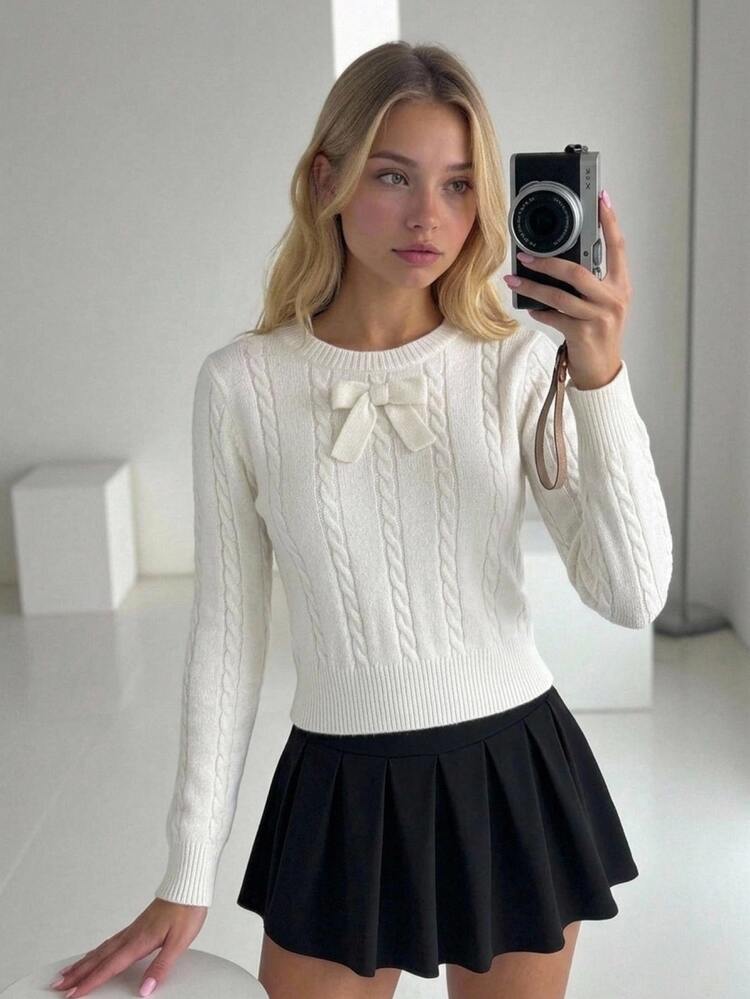 Tween Girl White Cable Bow Decor Long Sleeve Sweater - White - View 9