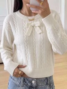 Tween Girl White Cable Bow Decor Long Sleeve Sweater - White - View 9