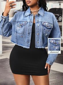 Slaydiva Plus Size Women's Outdoor All-Season Street Style Colorful Rhinestone Studded Blue Denim Jacket - Medium Wash - View 1