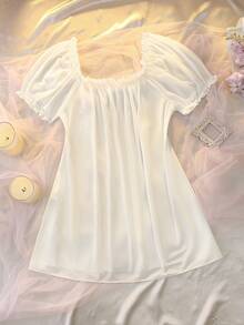 DelicateAllure Plus Size Solid Color Petal Sleeve Semi-Sheer Nightgown - White - View 7