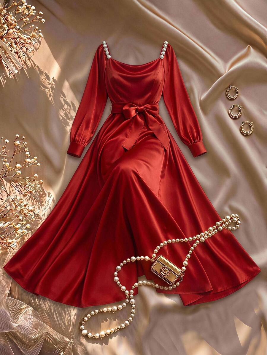 Formidée Women Summer Red Winter Elegant Party Long Sleeve Dress,Satin Glossy Fabric Patchwork Chiffon,Pearl Embellishments Shoulder,High-End Evening Fall - Burgundy - View 1
