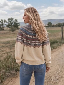 Wildy Kardigan Wanita Gaya Boho Retro Kasual Barat Pedesaan Nomadik dengan Motif, Outfit Cowgirl Musim Gugur/Dingin untuk Bepergian dan Komuter Brunch Warna Beige - MultiWarna - View 2