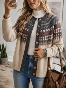 Wildy Kardigan Wanita Gaya Boho Retro Kasual Barat Pedesaan Nomadik dengan Motif, Outfit Cowgirl Musim Gugur/Dingin untuk Bepergian dan Komuter Brunch Warna Beige - MultiWarna - View 6