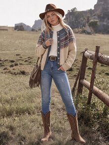 Wildy Kardigan Wanita Gaya Boho Retro Kasual Barat Pedesaan Nomadik dengan Motif, Outfit Cowgirl Musim Gugur/Dingin untuk Bepergian dan Komuter Brunch Warna Beige - MultiWarna - View 5