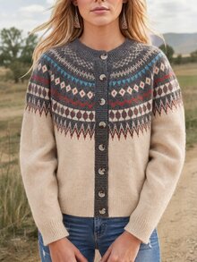 Wildy Kardigan Wanita Gaya Boho Retro Kasual Barat Pedesaan Nomadik dengan Motif, Outfit Cowgirl Musim Gugur/Dingin untuk Bepergian dan Komuter Brunch Warna Beige - MultiWarna - View 3