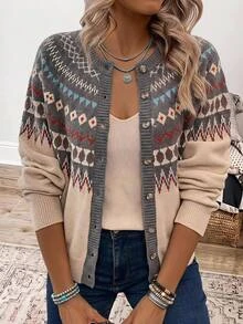 Wildy Kardigan Wanita Gaya Boho Retro Kasual Barat Pedesaan Nomadik dengan Motif, Outfit Cowgirl Musim Gugur/Dingin untuk Bepergian dan Komuter Brunch Warna Beige - MultiWarna - View 1