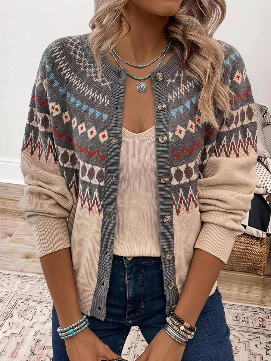 Wildy Kardigan Wanita Gaya Boho Retro Kasual Barat Pedesaan Nomadik dengan Motif, Outfit Cowgirl Musim Gugur/Dingin untuk Bepergian dan Komuter Brunch Warna Beige - MultiWarna - View 1