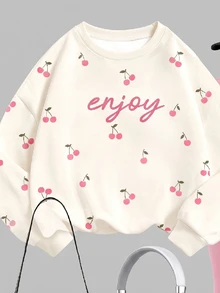 Tween女孩休閒加厚保暖奶油白復古可愛迷你櫻桃圖案寬鬆圓領套頭衛衣與柔軟休閒安哥拉紅緊身褲2件套，適合秋冬日常、秋季氛圍、冬季時尚、聖誕節、萬聖節、戶外、野餐 - 白色 - 查看 7