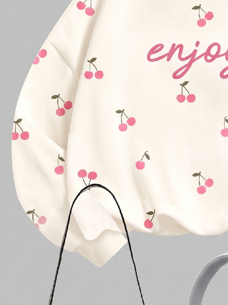 Tween Girl Casual Thick Warm Cream White Vintage Cute Mini Cherry Pattern Loose Crew Neck Pullover Sweatshirt & Soft Casual Angora Red Leggings 2pcs Set, Suitable For Autumn/Winter Daily, Fall Vibes, Fashion Winter, Christmas, Halloween, Outdoor, Picnic - White - View 6