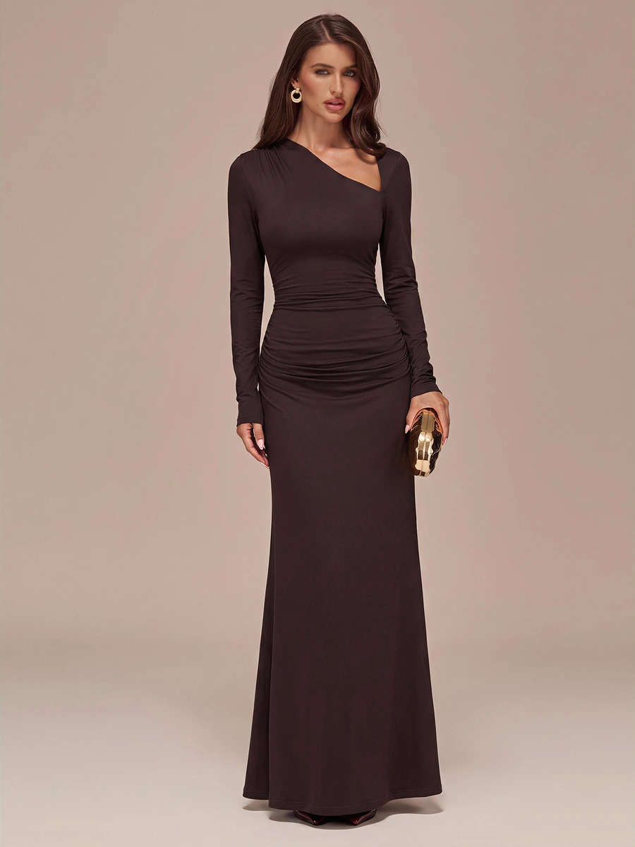 SHEIN BAE Early Autumn Deep Coffee Brown Asymmetrical Neck Cutout Long Sleeve Ruched Mermaid Dress, Minimalist Spring/Autumn Vacation Evening Gown - Coffee Brown - View 1