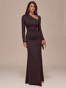 SHEIN BAE Early Autumn Deep Coffee Brown Asymmetrical Neck Cutout Long Sleeve Ruched Mermaid Dress, Minimalist Spring/Autumn Vacation Evening Gown - Coffee Brown - View 4