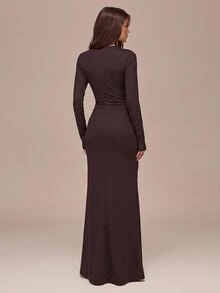 SHEIN BAE Early Autumn Deep Coffee Brown Asymmetrical Neck Cutout Long Sleeve Ruched Mermaid Dress, Minimalist Spring/Autumn Vacation Evening Gown - Coffee Brown - View 2