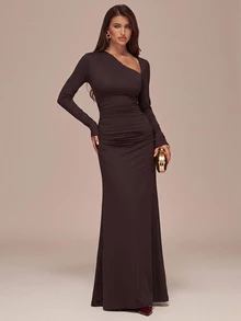 SHEIN BAE Early Autumn Deep Coffee Brown Asymmetrical Neck Cutout Long Sleeve Ruched Mermaid Dress, Minimalist Spring/Autumn Vacation Evening Gown - Coffee Brown - View 6