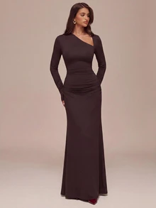 SHEIN BAE Early Autumn Deep Coffee Brown Asymmetrical Neck Cutout Long Sleeve Ruched Mermaid Dress, Minimalist Spring/Autumn Vacation Evening Gown - Coffee Brown - View 3