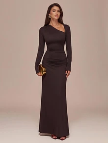 SHEIN BAE Early Autumn Deep Coffee Brown Asymmetrical Neck Cutout Long Sleeve Ruched Mermaid Dress, Minimalist Spring/Autumn Vacation Evening Gown - Coffee Brown - View 5