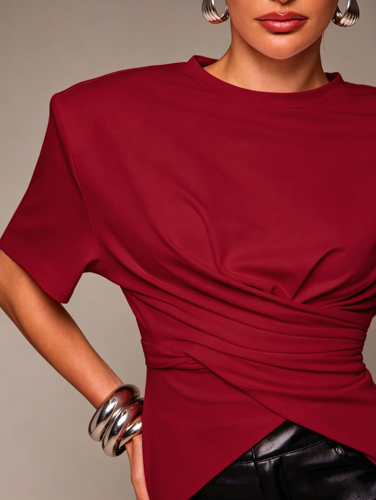 Hauture Summer Fashion Casual Oversized Padded Shoulder Criss-Cross Design Women's T-Shirt - Red - View 4