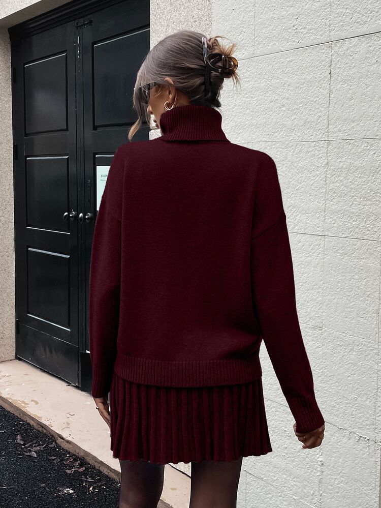 EMERY ROSE 2pcs/Set Solid Color Turtleneck Long Sleeve Top And Skirt Sweater Set Fall Winter Cloth For Women - Red - View 2