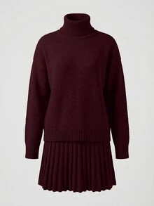 Struktiv 2件套纯色高领长袖上衣和裙子毛衣套装 - 紅色 - 查看 8