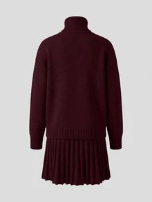 Struktiv 2件套纯色高领长袖上衣和裙子毛衣套装 - 紅色 - 查看 9