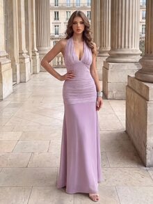 Poshira Gaun Malam Formal Panjang Wanita Bahan Chiffon Berhiaskan Mutiara, Renda Kontras, Leher Halter, dan Pinggang Berkerut (Gaya Pengerjaan Berat) - Purple - View 8