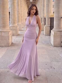 Poshira Gaun Malam Formal Panjang Wanita Bahan Chiffon Berhiaskan Mutiara, Renda Kontras, Leher Halter, dan Pinggang Berkerut (Gaya Pengerjaan Berat) - Purple - View 4