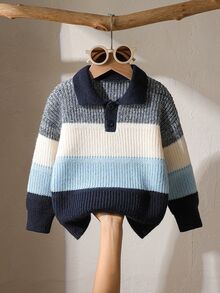 Sweater Lengan Panjang Berkerah Polo dengan Kancing Setengah Plaket Bergaris untuk Anak Laki-Laki - Biru - View 1