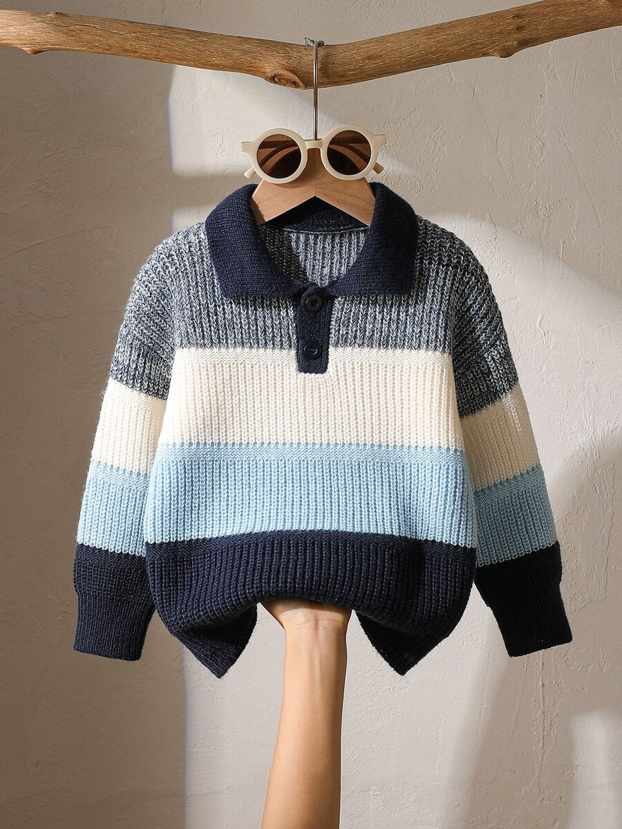 Sweater Lengan Panjang Berkerah Polo dengan Kancing Setengah Plaket Bergaris untuk Anak Laki-Laki - Biru - View 1