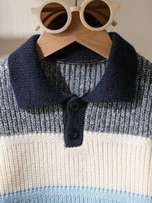 Sweater Lengan Panjang Berkerah Polo dengan Kancing Setengah Plaket Bergaris untuk Anak Laki-Laki - Biru - View 5