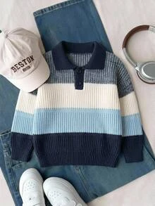 Sweater Lengan Panjang Berkerah Polo dengan Kancing Setengah Plaket Bergaris untuk Anak Laki-Laki - Biru - View 7