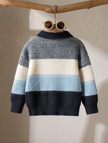 Sweater Lengan Panjang Berkerah Polo dengan Kancing Setengah Plaket Bergaris untuk Anak Laki-Laki - Biru - View 2