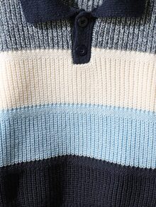 Sweater Lengan Panjang Berkerah Polo dengan Kancing Setengah Plaket Bergaris untuk Anak Laki-Laki - Biru - View 6