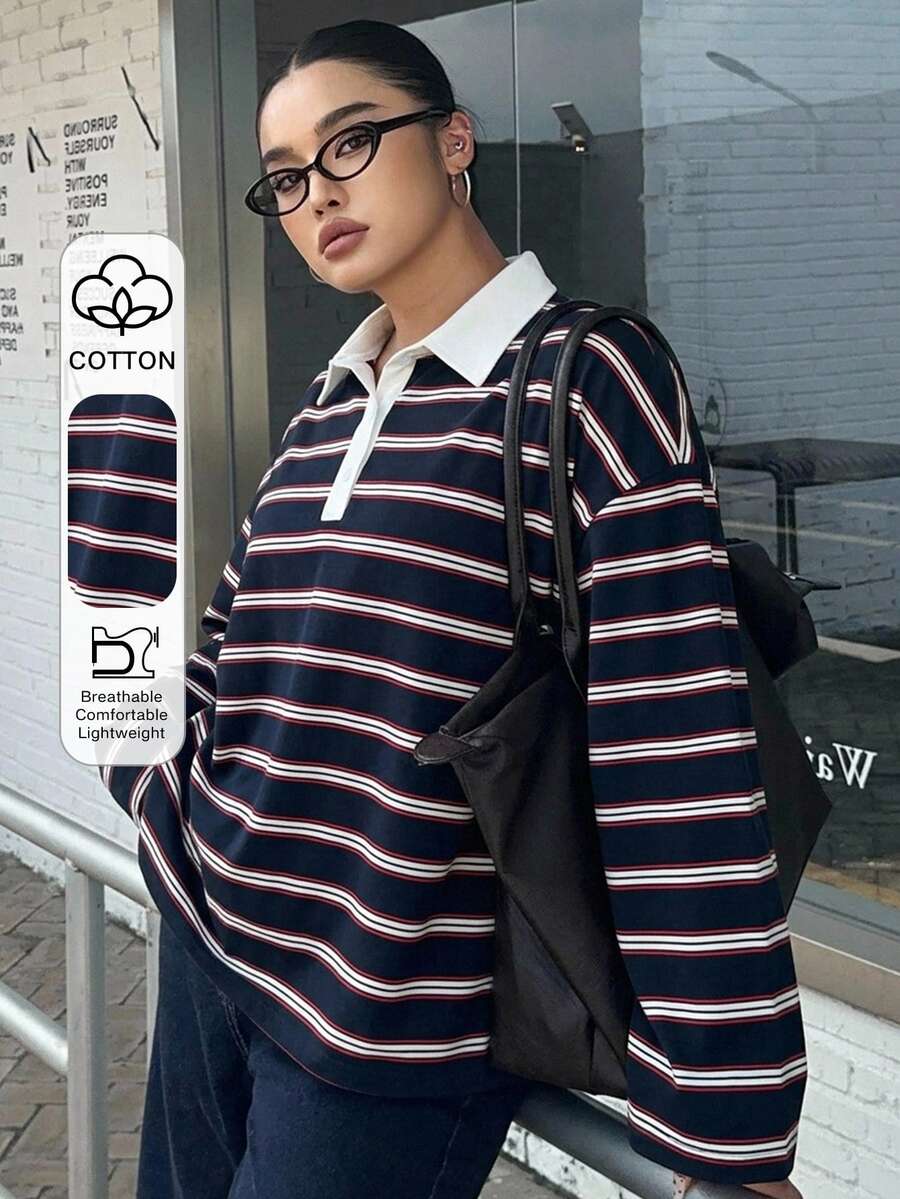 Dazy Plus Loose Street Style Colorblock Striped Polo Collar Long Sleeve Plus Size Women's T-Shirt, Autumn School Graphic Tees Plus Size Tshirts For Women - Chocolate Brown - View 1