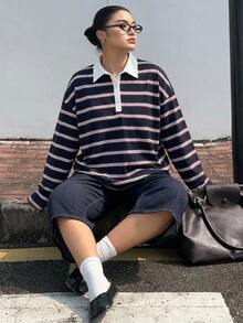 Dazy Plus Loose Street Style Colorblock Striped Polo Collar Long Sleeve Plus Size Women's T-Shirt, Autumn School Graphic Tees Plus Size Tshirts For Women - Chocolate Brown - View 2