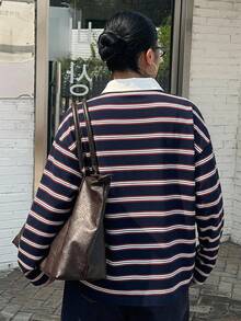 Dazy Plus Loose Street Style Colorblock Striped Polo Collar Long Sleeve Plus Size Women's T-Shirt, Autumn School Graphic Tees Plus Size Tshirts For Women - Chocolate Brown - View 3