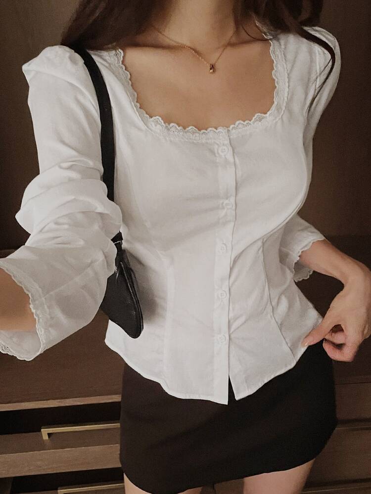 DAZY Solid Color Collared Slim Fit Short Sleeve White Women's Shirt Fall - White - View 1