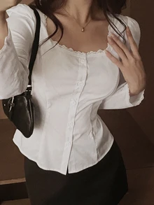 DAZY 純色領口修身短袖白色女式襯衫 秋季 - 白色 - 查看 5