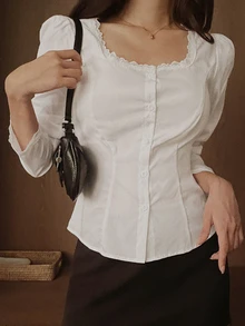 DAZY 純色領口修身短袖白色女式襯衫 秋季 - 白色 - 查看 3