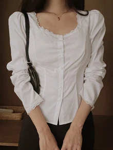 DAZY 純色領口修身短袖白色女式襯衫 秋季 - 白色 - 查看 4