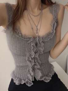 DAZY Women's Lace Patchwork Casual Versatile Knit Vest - Grey - View 2