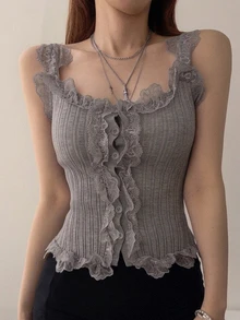 DAZY Women's Lace Patchwork Casual Versatile Knit Vest - Grey - View 8