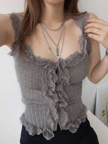 DAZY Women's Lace Patchwork Casual Versatile Knit Vest - Grey - View 4