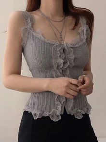 DAZY Women's Lace Patchwork Casual Versatile Knit Vest - Grey - View 5