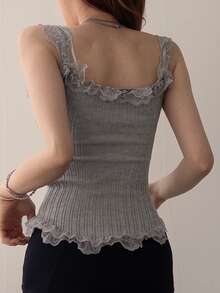 DAZY Women's Lace Patchwork Casual Versatile Knit Vest - Grey - View 6