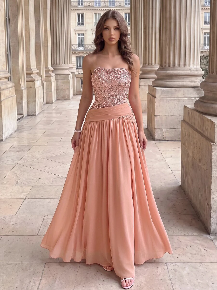 Poshira Women's Sequin Patchwork Chiffon Strapless Long Formal Evening Gown (Heavy Embellishment) - Dusty Pink - View 1