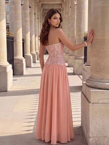 Poshira Women's Sequin Patchwork Chiffon Strapless Long Formal Evening Gown (Heavy Embellishment) - Dusty Pink - View 11