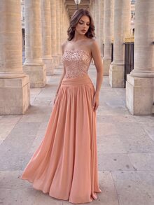 Poshira Women's Sequin Patchwork Chiffon Strapless Long Formal Evening Gown (Heavy Embellishment) - Dusty Pink - View 12